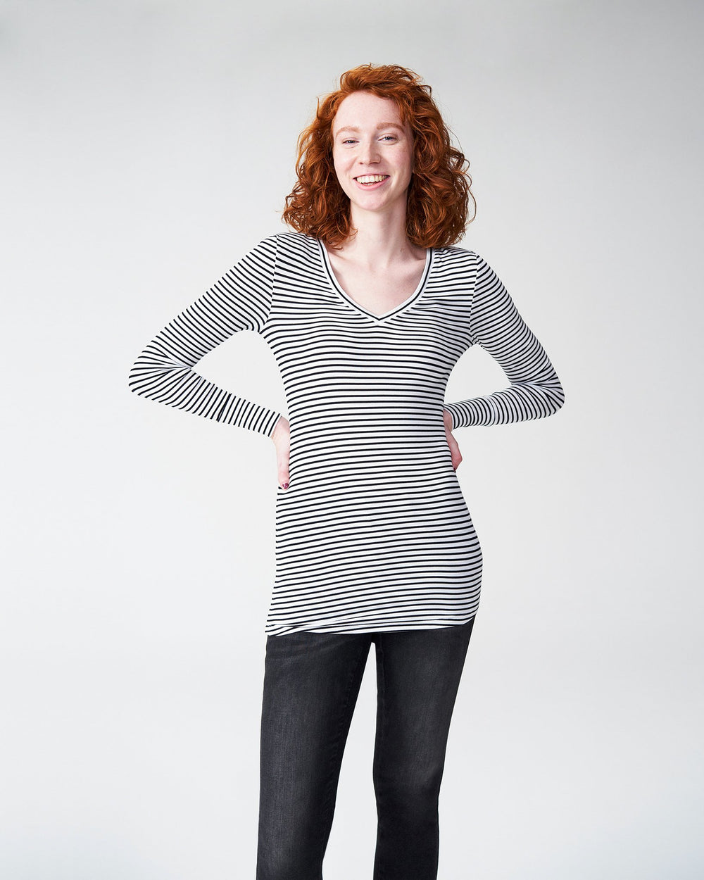 Foundation Long Sleeve V Neck Tee - White/Black Stripe