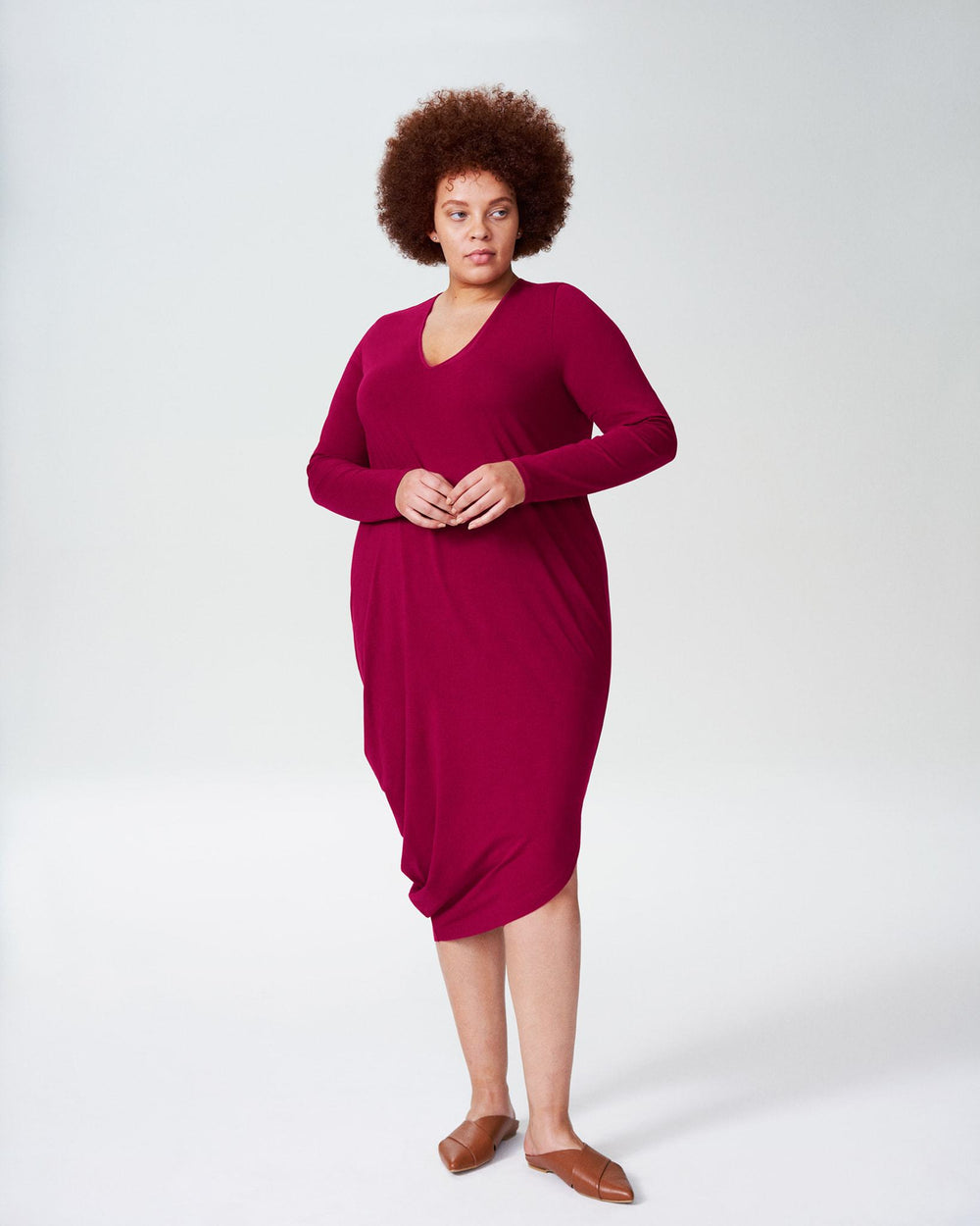 Long Sleeve V-Neck Geneva Dress - Berry